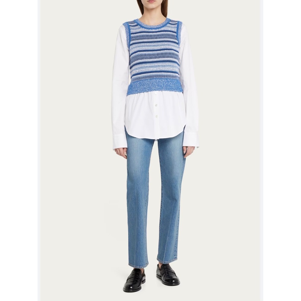 Veronica Beard Esphera Top Small Blue White Striped Mixed Media Layered Knit